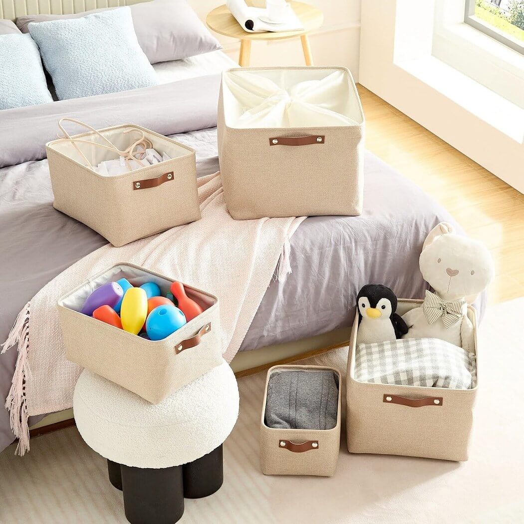 Collapsible Beige Storage Box with Leather Handle - Image 38