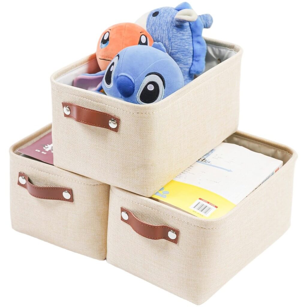 Collapsible Beige Storage Box with Leather Handle - Image 43
