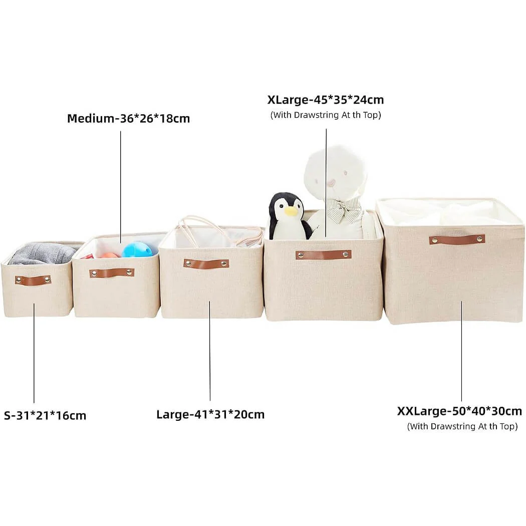 Collapsible Beige Storage Box with Leather Handle - Image 46