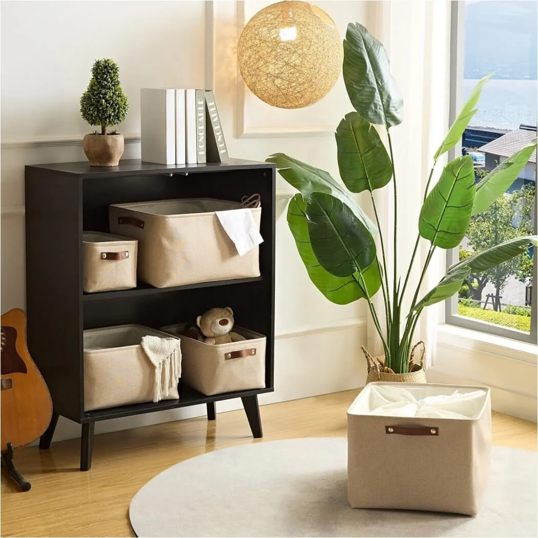Collapsible Beige Storage Box with Leather Handle - Image 49