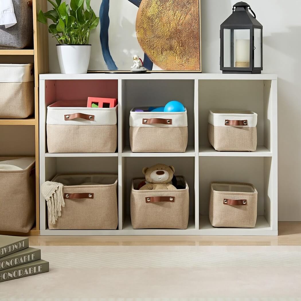 Collapsible Beige Storage Box with Leather Handle - Image 5