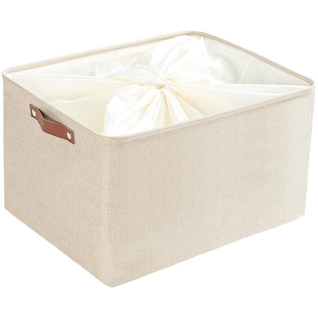 Collapsible Beige Storage Box with Leather Handle - Image 50