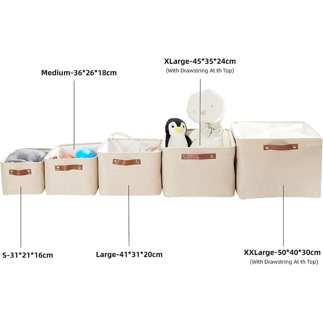 Collapsible Beige Storage Box with Leather Handle - Image 51