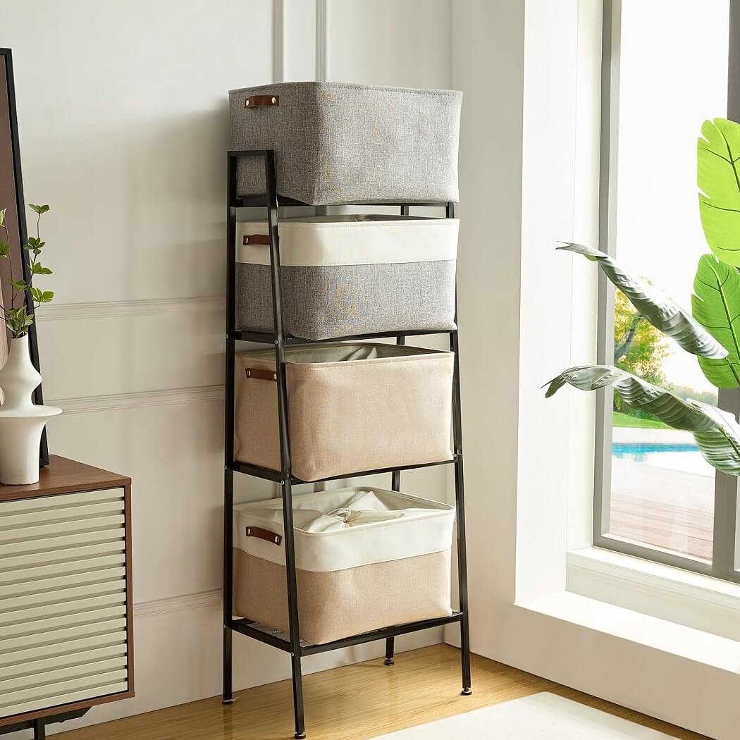 Collapsible Beige Storage Box with Leather Handle - Image 53