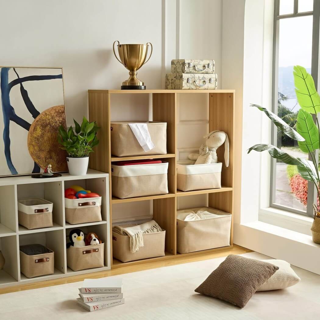 Collapsible Beige Storage Box with Leather Handle - Image 62