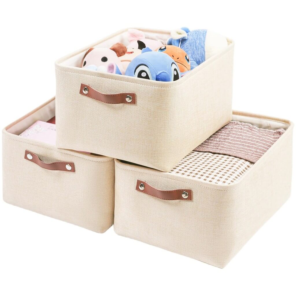 Collapsible Beige Storage Box with Leather Handle - Image 8