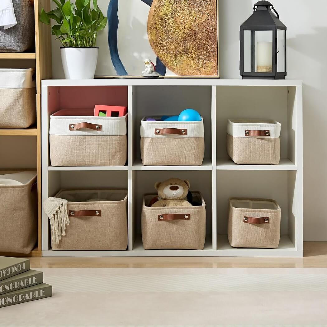 Collapsible Beige Storage Box with Leather Handle - Image 9