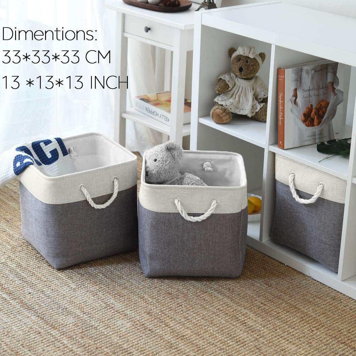 Fabric Storage Basket, Canvas Cube Storage Boxes 13 x 13 inch for Cupboards, Shelves, Closet, Grey White（33x33x33cm, 3 Pack） - Image 5