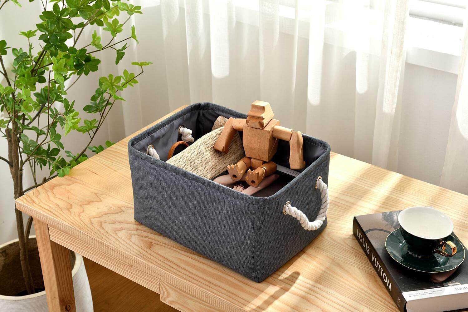 Dark Grey Washable Foldable Thickened Storage Basket with Rope Handles - Image 3