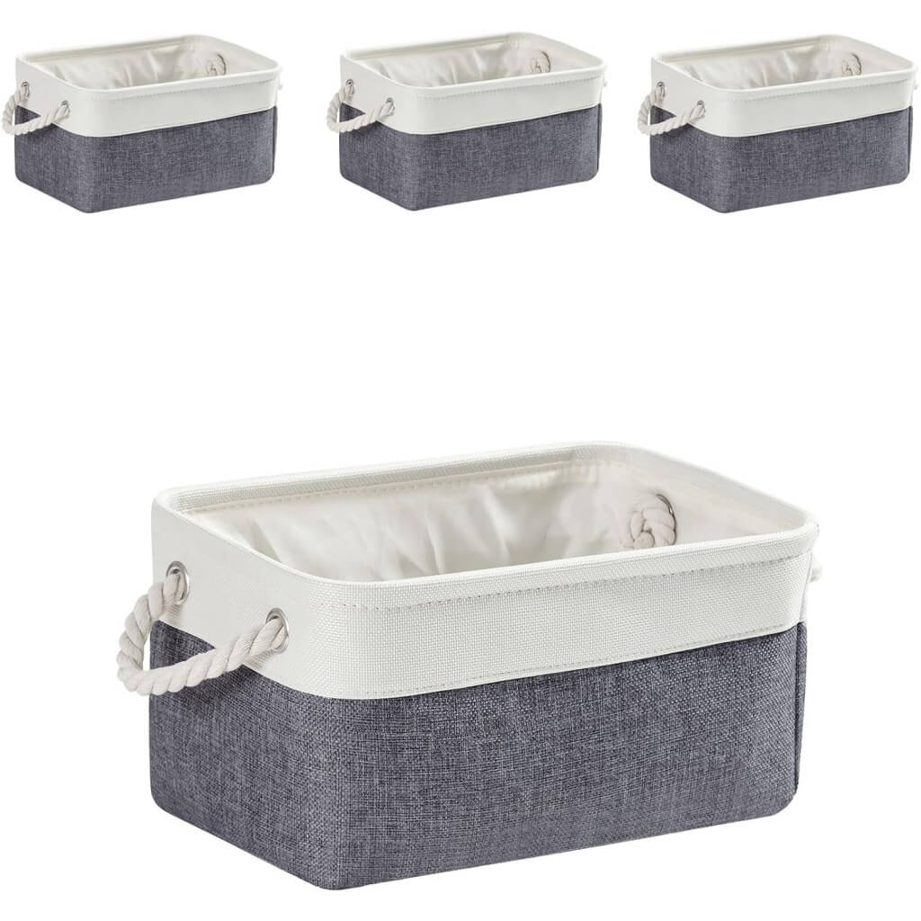 Foldable Canvas Storage Baskets with Handles | Fabric Organizers for Home, Wardrobe, Nursery, Cold Grey and White - Image 13