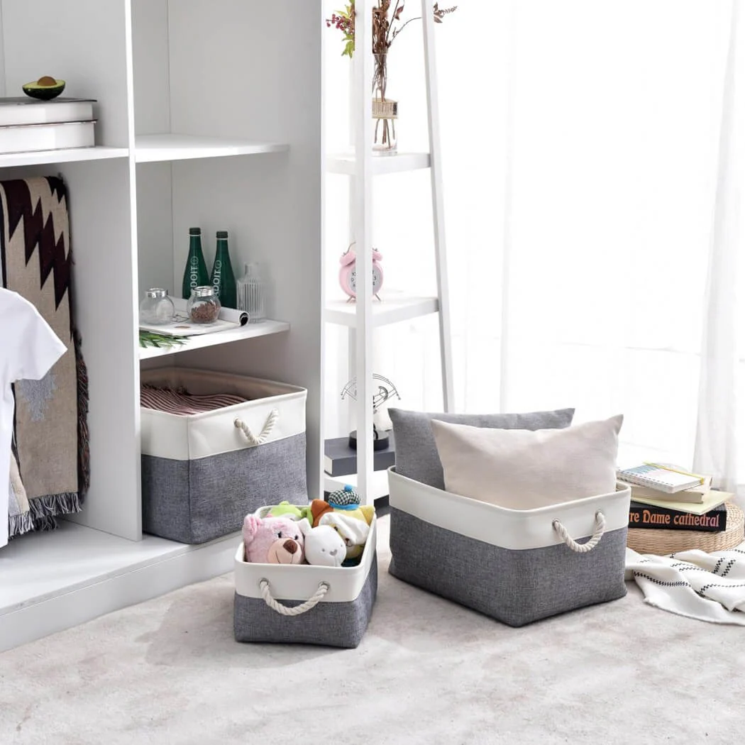Foldable Canvas Storage Baskets with Handles | Fabric Organizers for Home, Wardrobe, Nursery, Cold Grey and White - Image 14