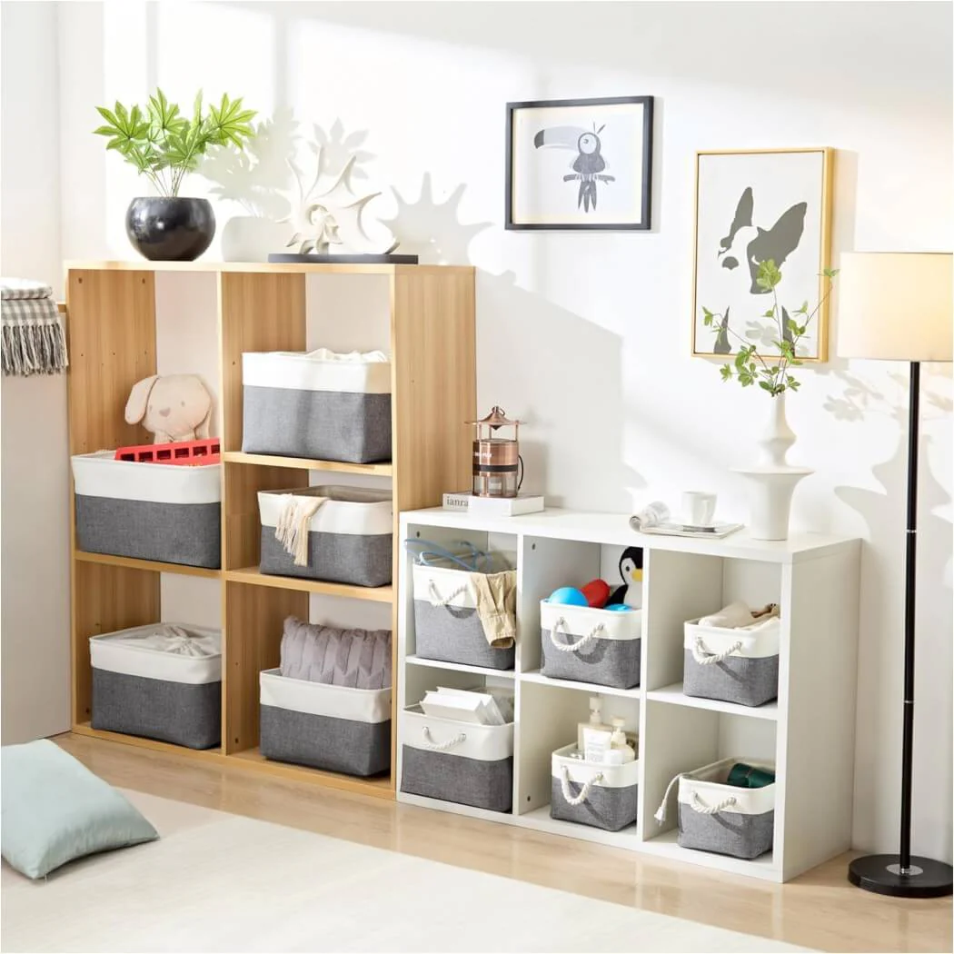 Foldable Canvas Storage Baskets with Handles | Fabric Organizers for Home, Wardrobe, Nursery, Cold Grey and White - Image 20