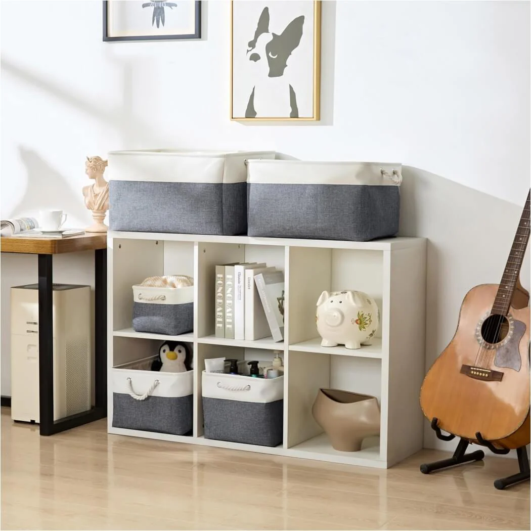 Foldable Canvas Storage Baskets with Handles | Fabric Organizers for Home, Wardrobe, Nursery, Cold Grey and White - Image 30