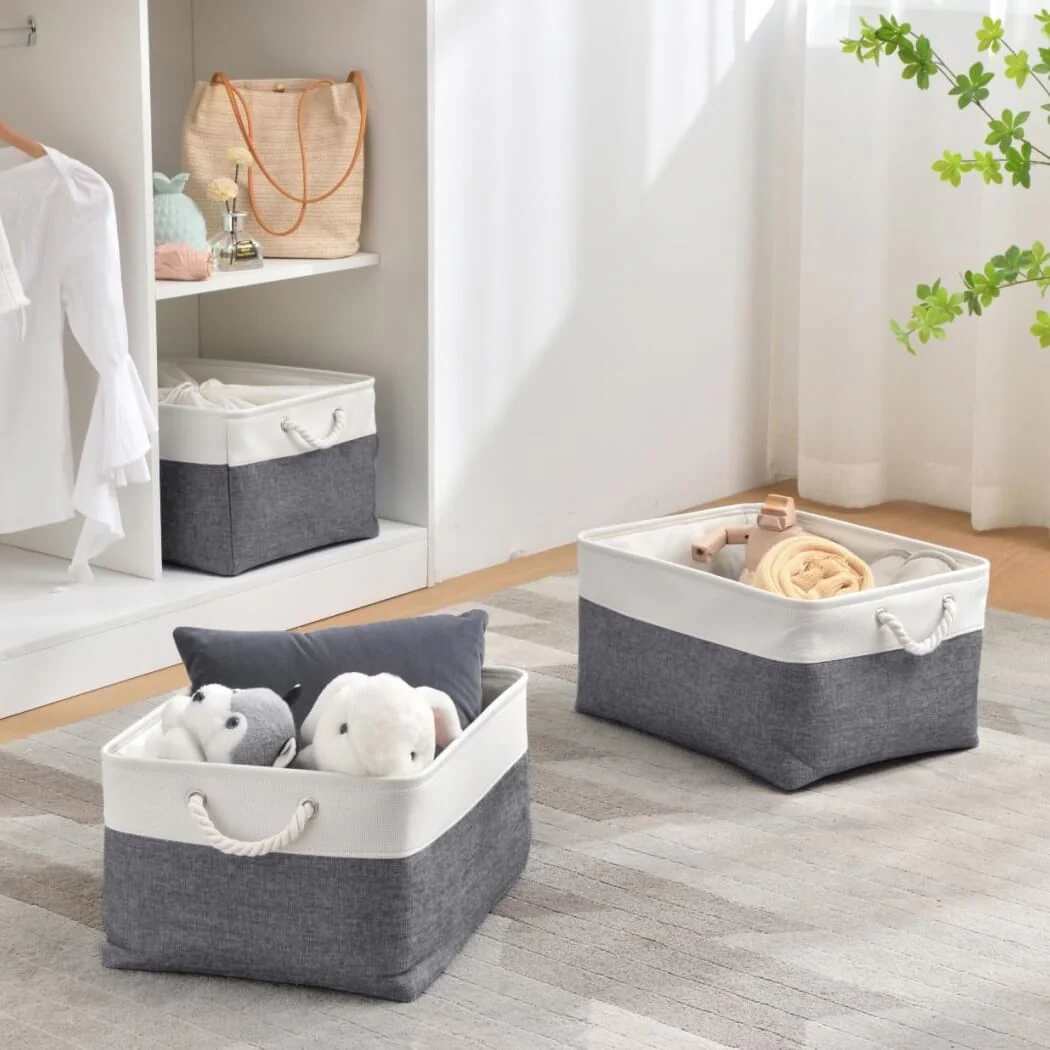 Foldable Canvas Storage Baskets with Handles | Fabric Organizers for Home, Wardrobe, Nursery, Cold Grey and White - Image 40