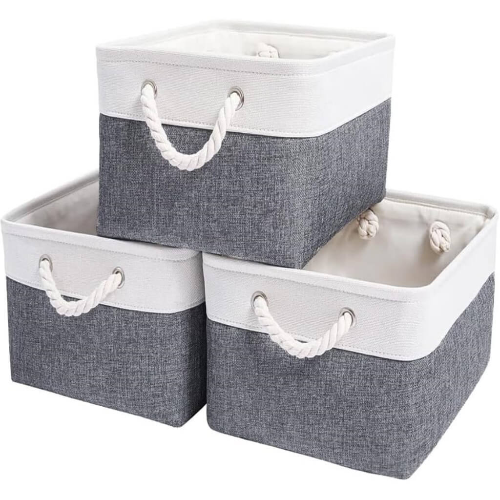 Foldable Canvas Storage Baskets with Handles | Fabric Organizers for Home, Wardrobe, Nursery, Cold Grey and White - Image 43