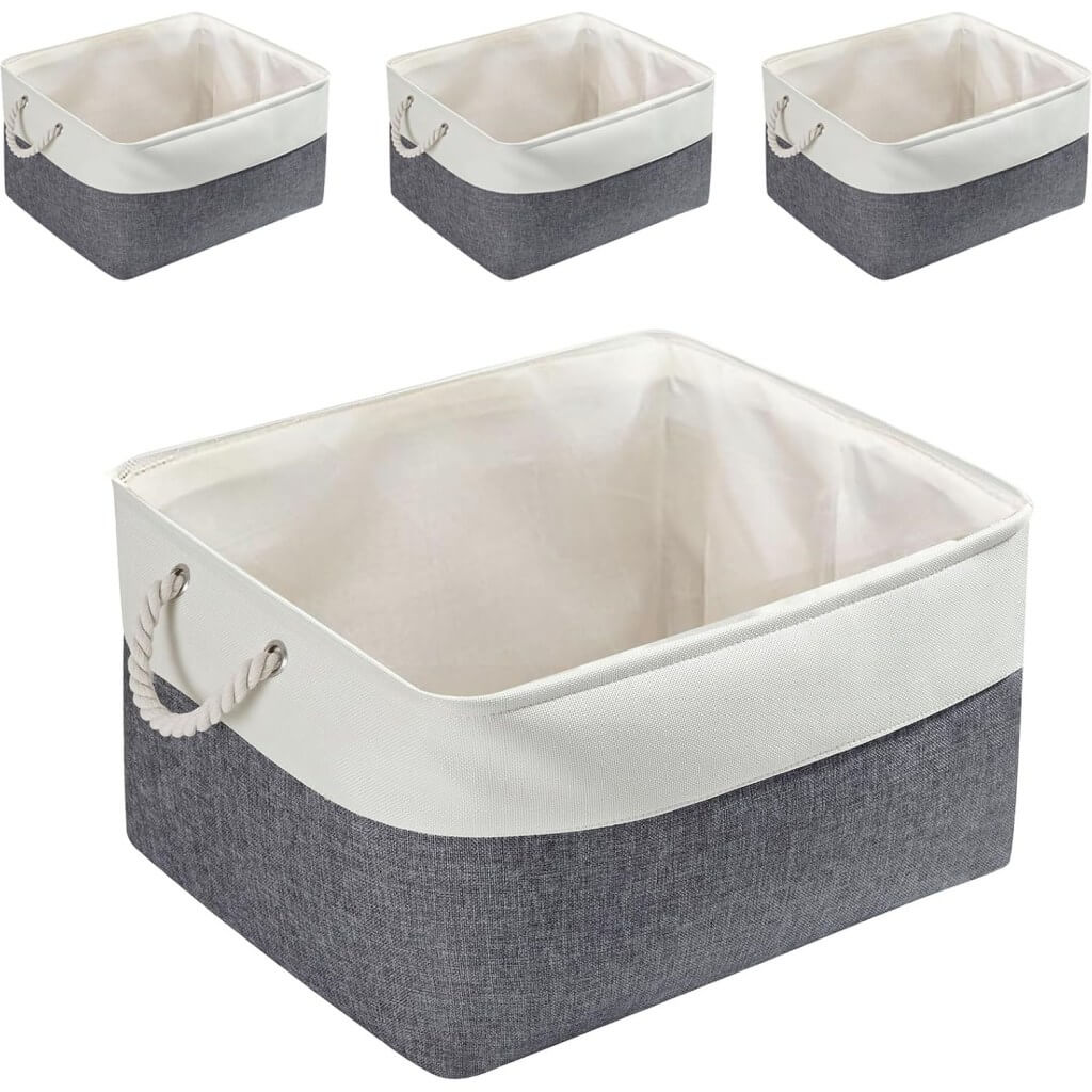 Foldable Canvas Storage Baskets with Handles | Fabric Organizers for Home, Wardrobe, Nursery, Cold Grey and White - Image 49