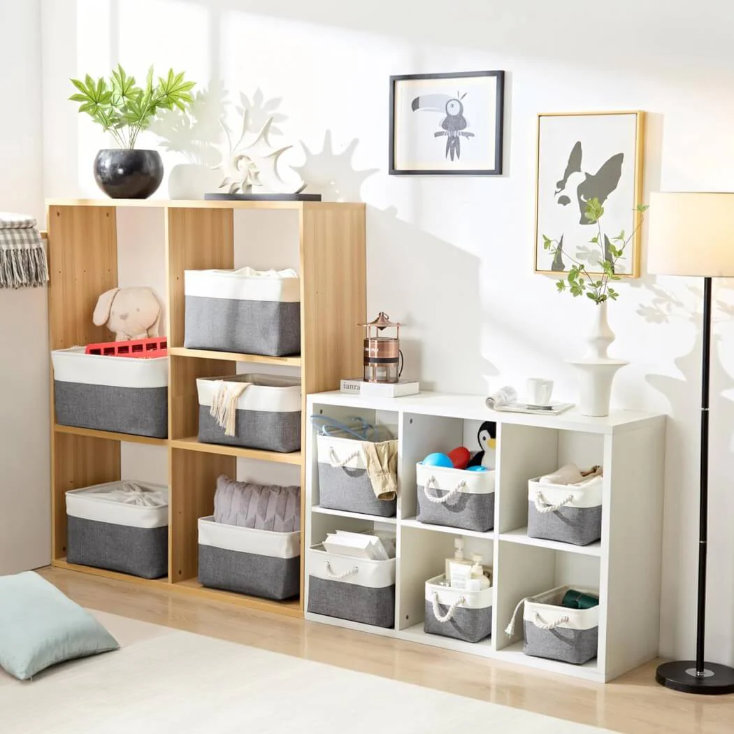 Foldable Canvas Storage Baskets with Handles | Fabric Organizers for Home, Wardrobe, Nursery, Cold Grey and White - Image 6