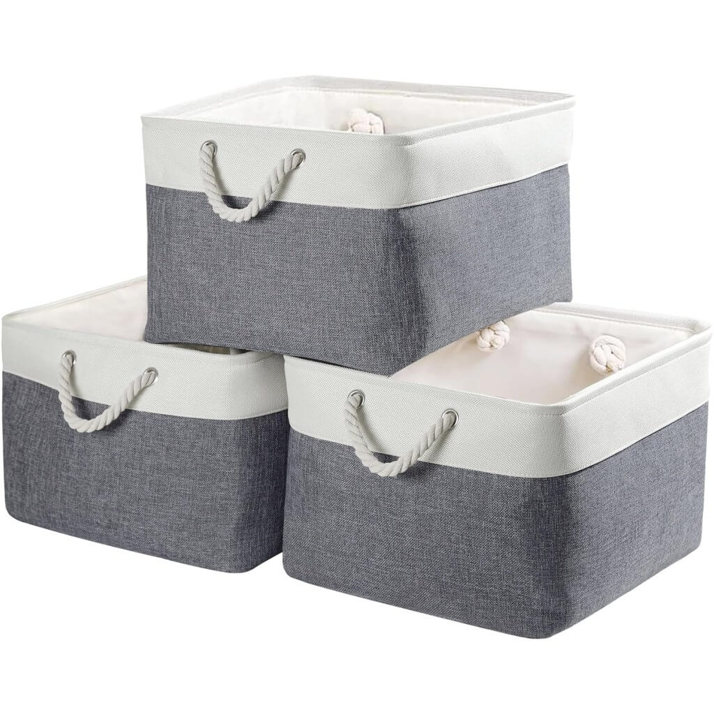 Foldable Canvas Storage Baskets with Handles | Fabric Organizers for Home, Wardrobe, Nursery, Cold Grey and White - Image 65