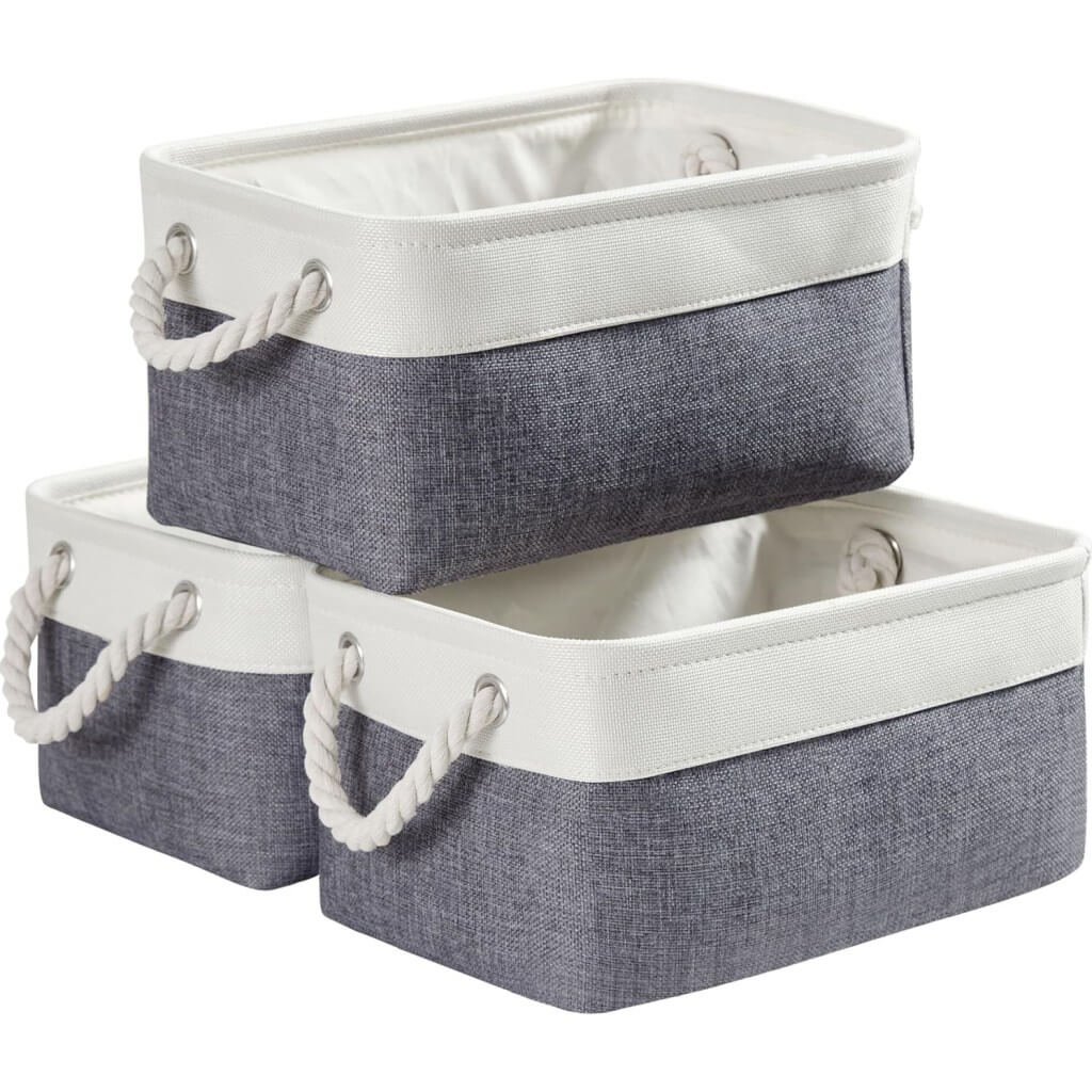 Foldable Canvas Storage Baskets with Handles | Fabric Organizers for Home, Wardrobe, Nursery, Cold Grey and White - Image 7