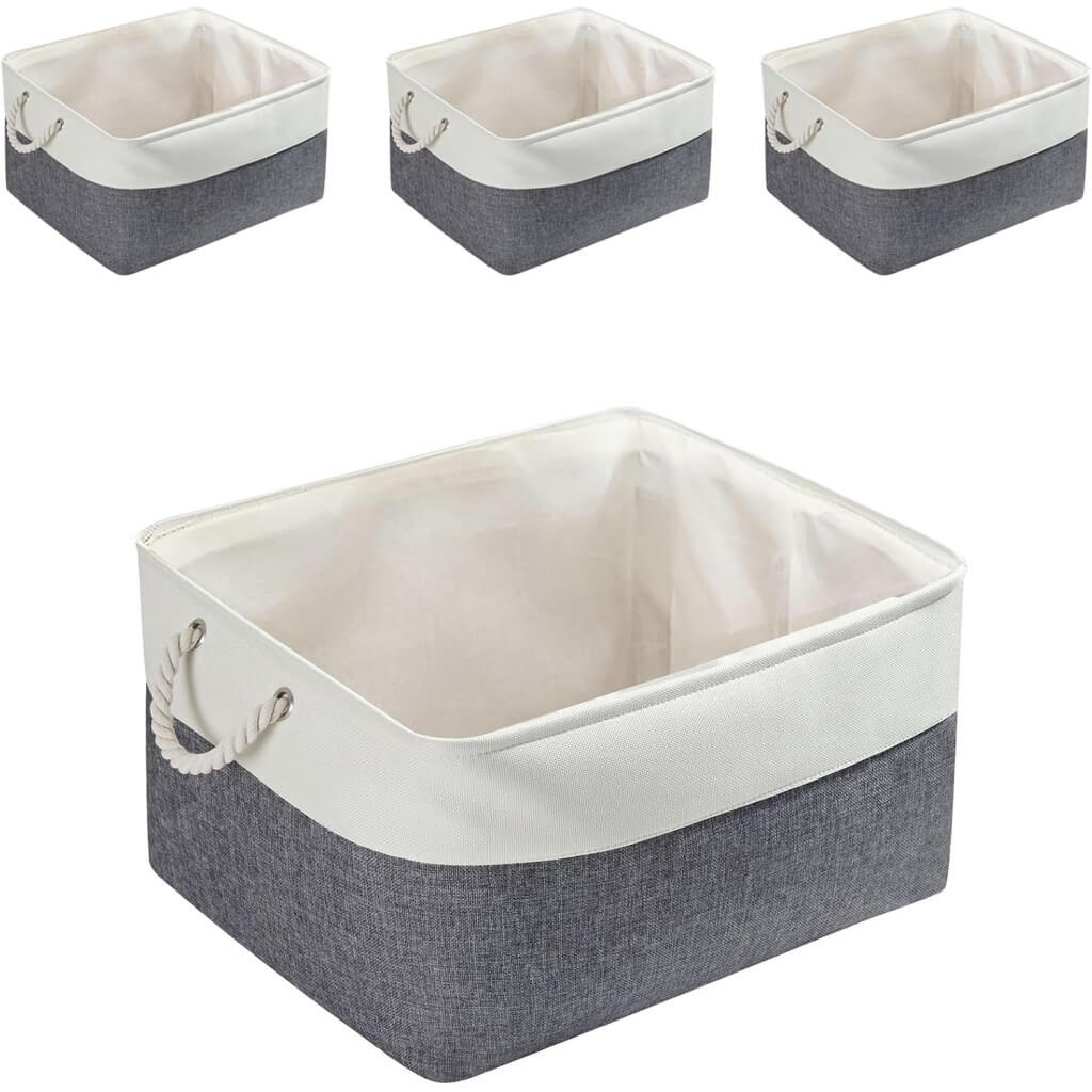 Foldable Canvas Storage Baskets with Handles | Fabric Organizers for Home, Wardrobe, Nursery, Cold Grey and White - Image 71