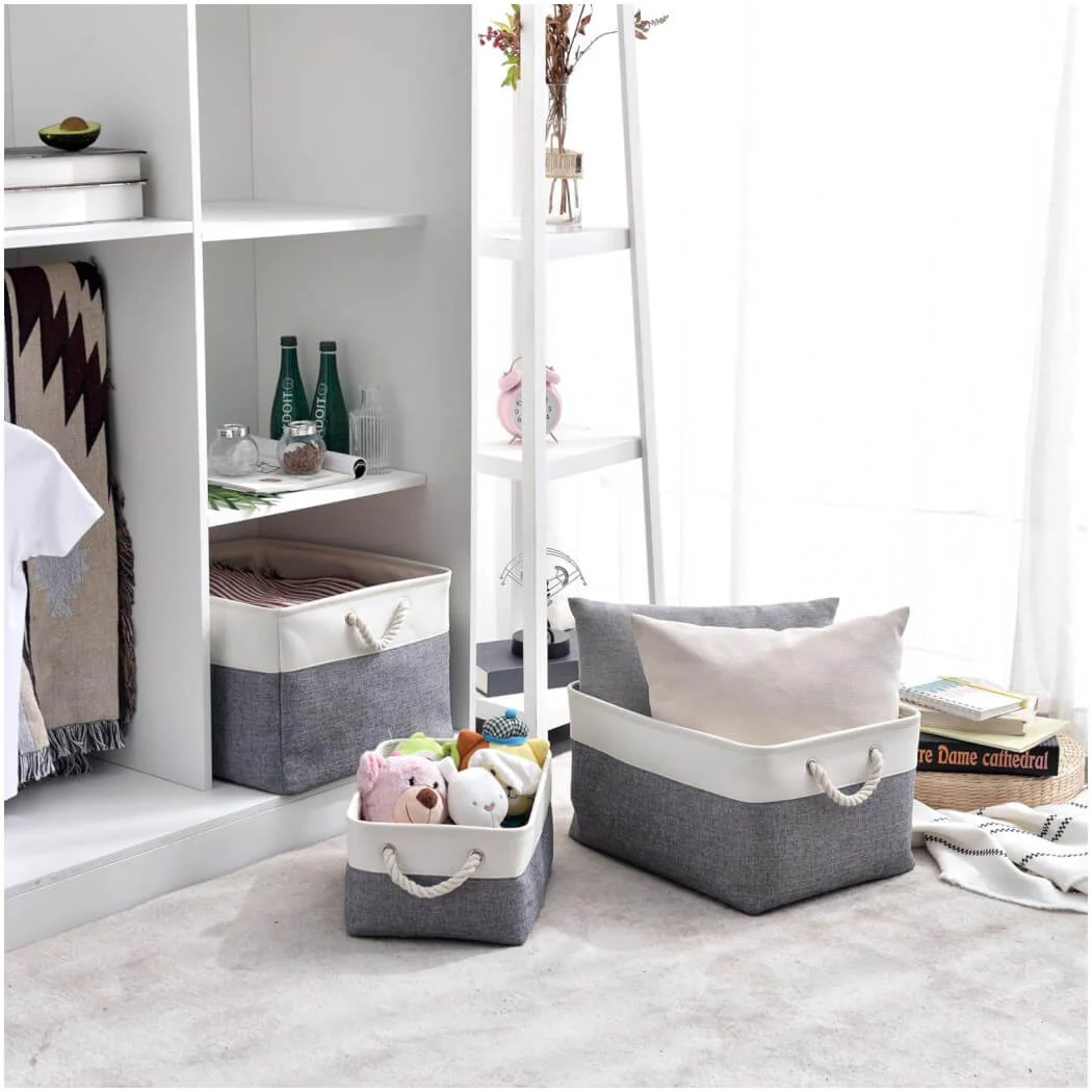 Foldable Canvas Storage Baskets with Handles | Fabric Organizers for Home, Wardrobe, Nursery, Cold Grey and White - Image 73