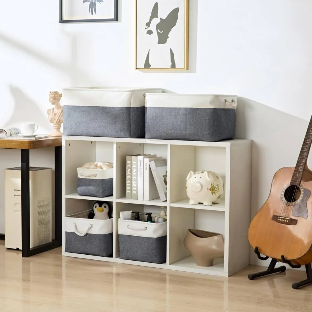 Foldable Canvas Storage Baskets with Handles | Fabric Organizers for Home, Wardrobe, Nursery, Cold Grey and White - Image 75