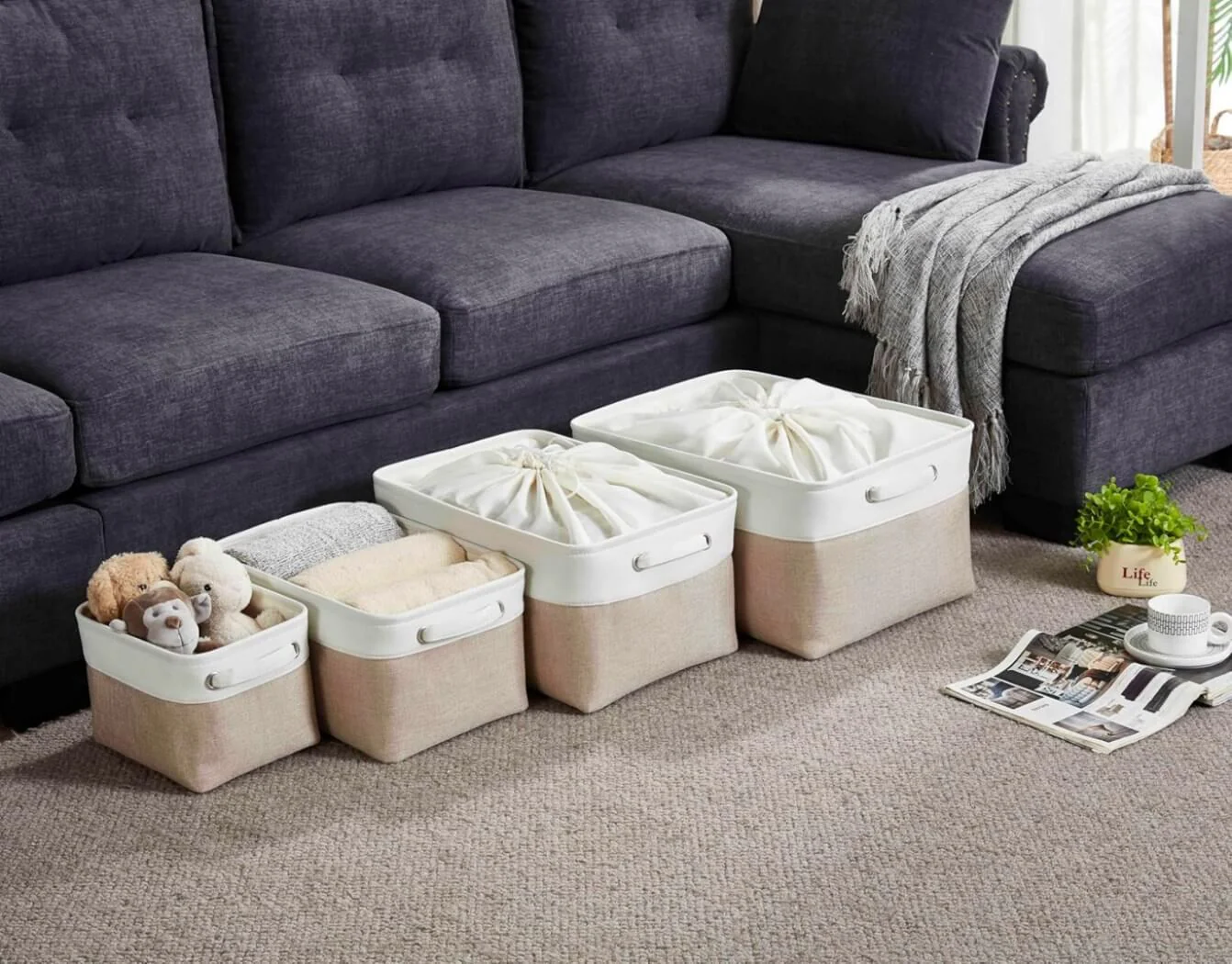 Fabric Storage Baskets – [1/3/4-Piece Set] Light Khaki & White - Image 10