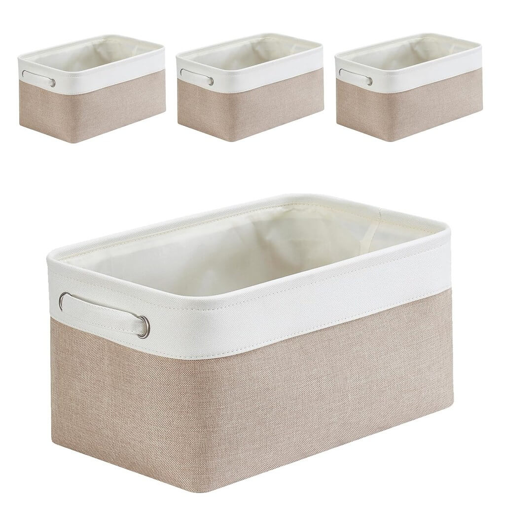 Fabric Storage Baskets – [1/3/4-Piece Set] Light Khaki & White - Image 19