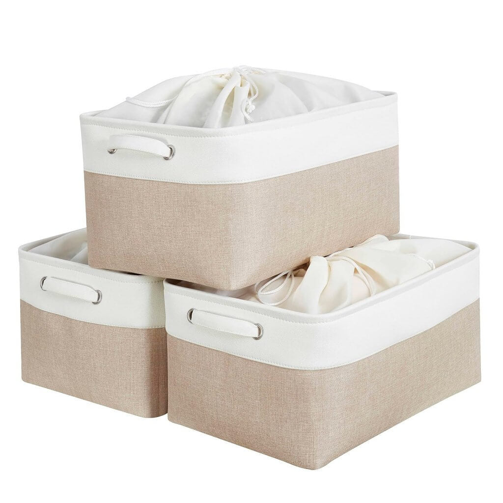 Fabric Storage Baskets – [1/3/4-Piece Set] Light Khaki & White - Image 7