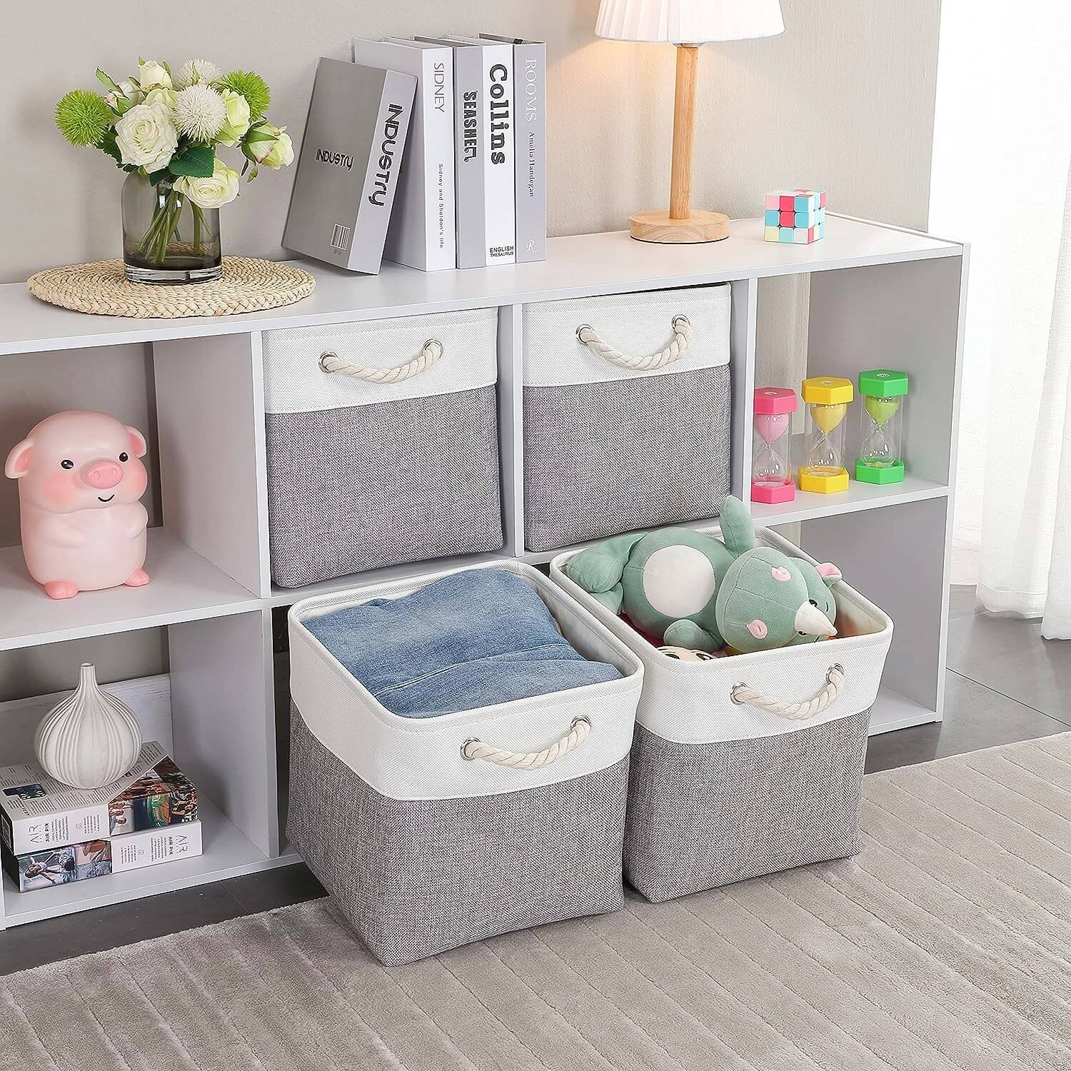 Fabric Storage Baskets Canvas Cube Box Grey White 11.8 inch (30x30x30cm) - Image 3