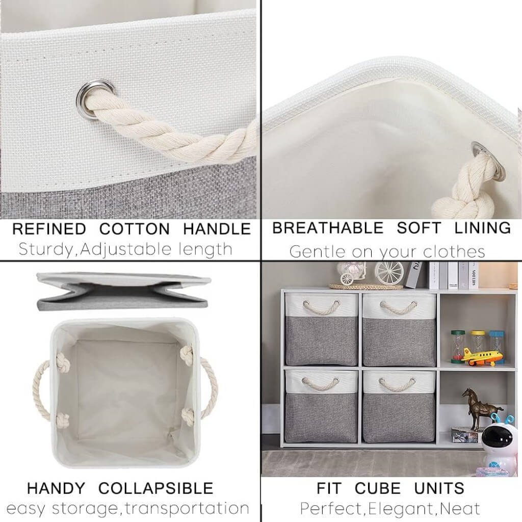 Fabric Storage Baskets Canvas Cube Box Grey White 11.8 inch (30x30x30cm) - Image 4