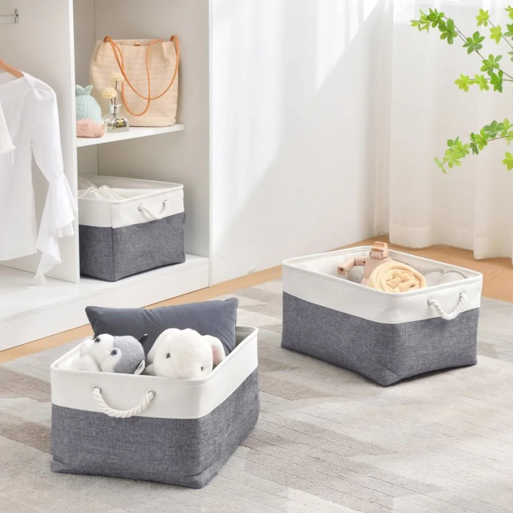Fabric Storage Baskets Foldable With Rope Handle, Cold Blue Grey&White - Image 5