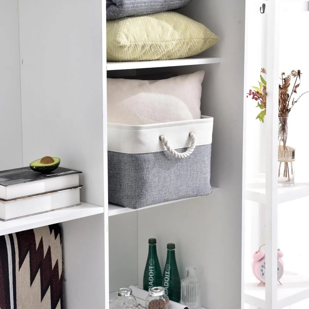 Fabric Storage Baskets Foldable With Rope Handle, Cold Blue Grey&White - Image 9