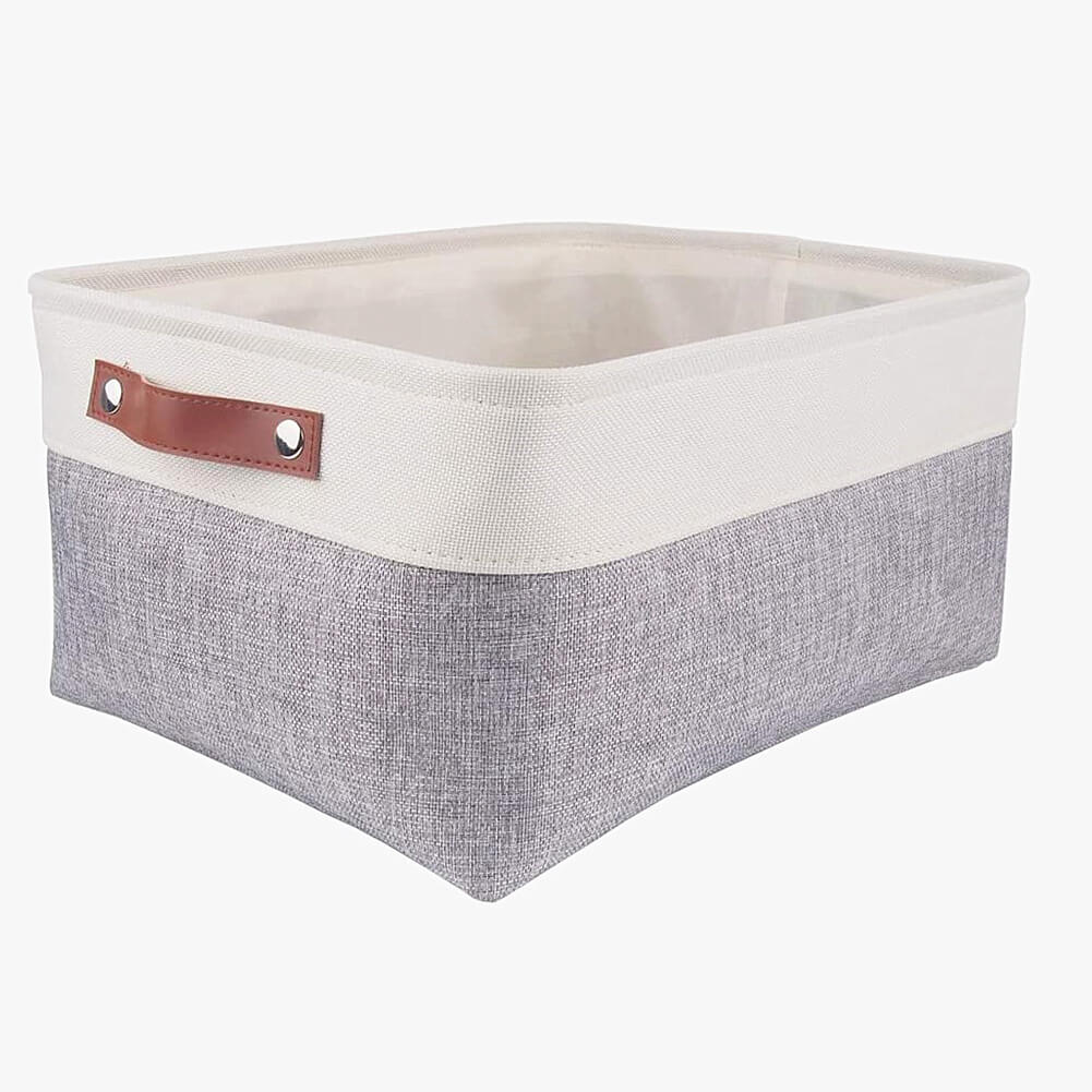 White Grey Storage Basket with Leather Handle - Image 13