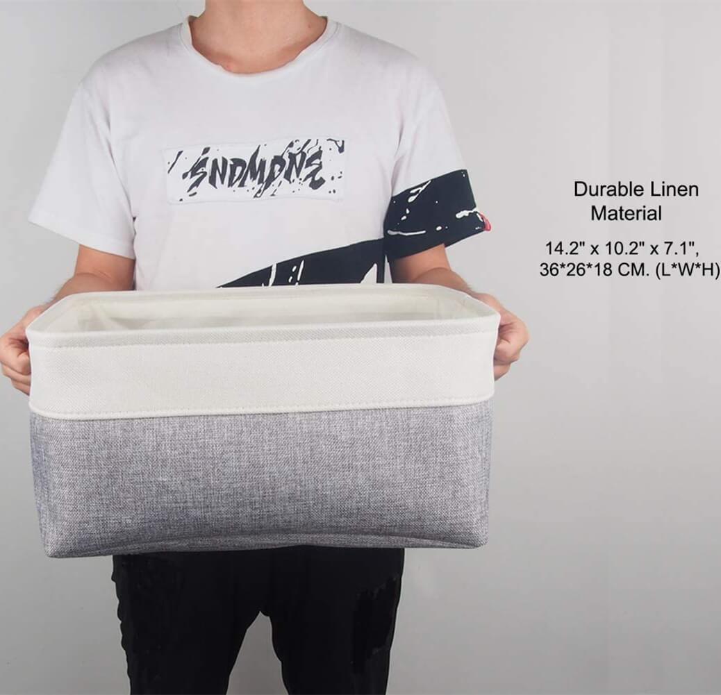 White Grey Storage Basket with Leather Handle - Image 14