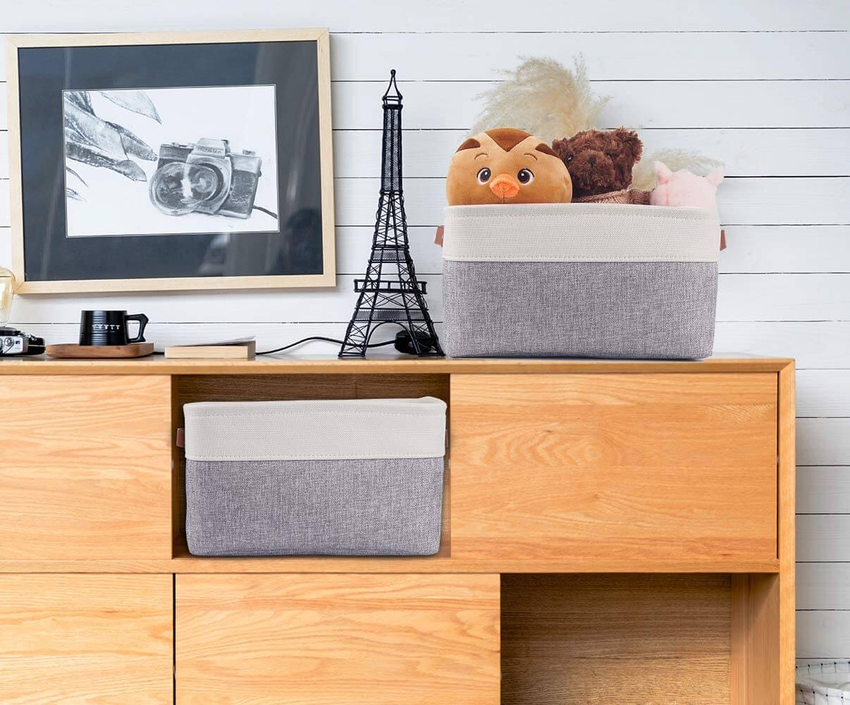 White Grey Storage Basket with Leather Handle - Image 18