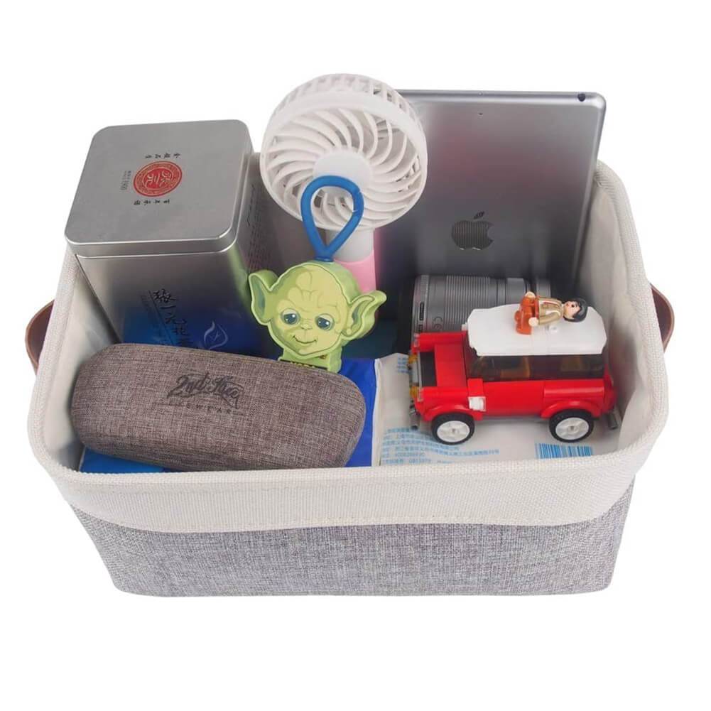 White Grey Storage Basket with Leather Handle - Image 23