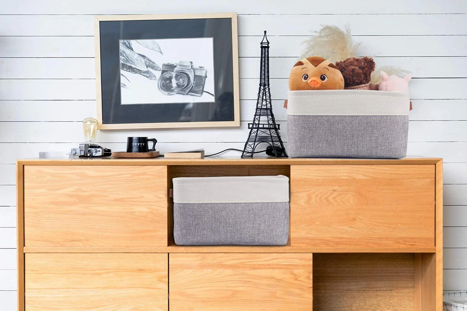 White Grey Storage Basket with Leather Handle - Image 29