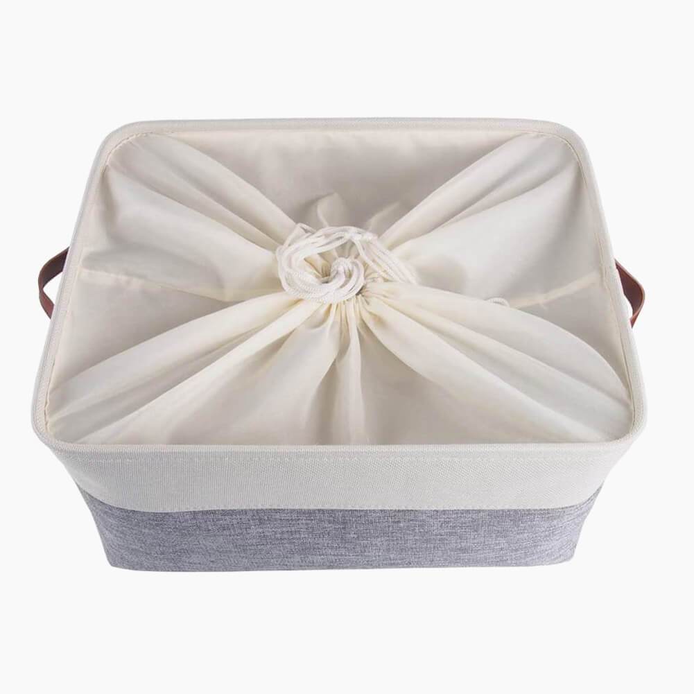 White Grey Storage Basket with Leather Handle - Image 3