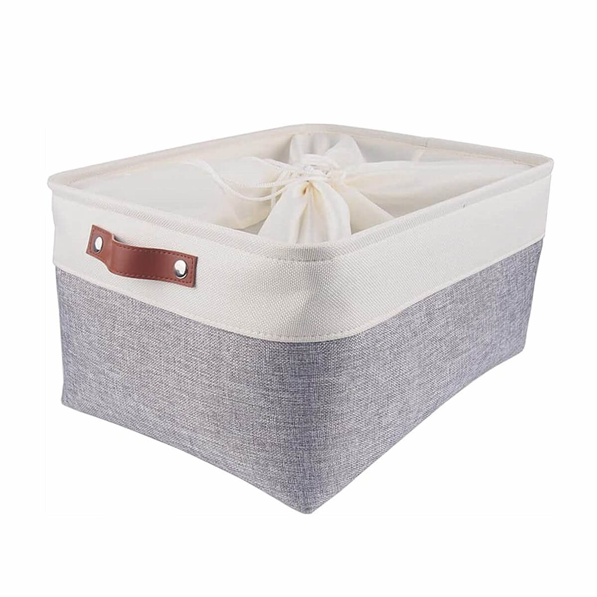 White Grey Storage Basket with Leather Handle - Image 7