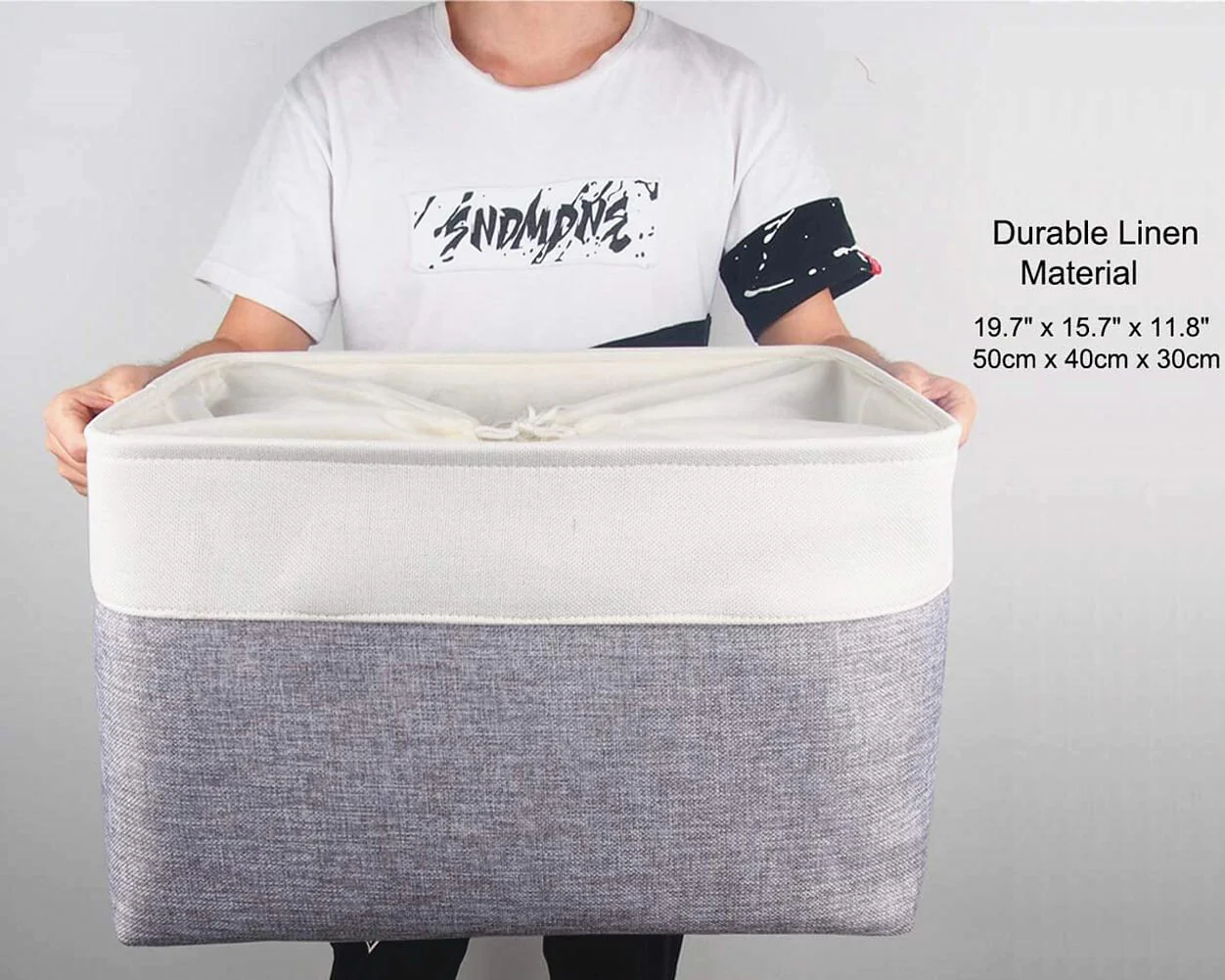 White Grey Storage Basket with Leather Handle - Image 8