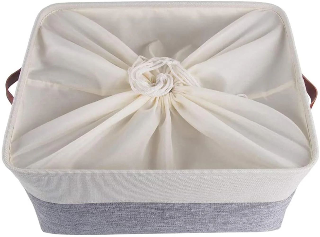 White Grey Storage Basket with Leather Handle - Image 9