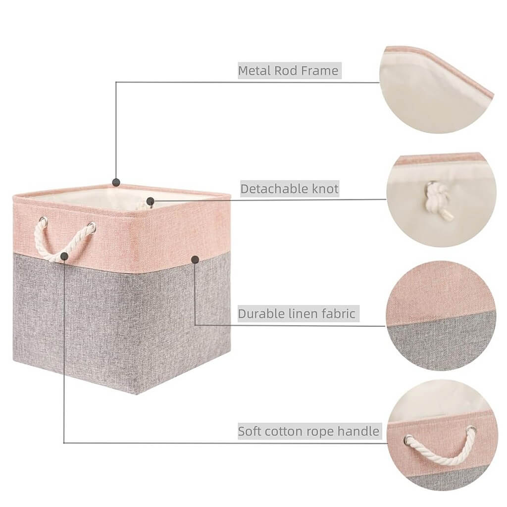 Foldable Fabric Cube Storage Boxes with Rope Handles- Grey Pink - Image 4