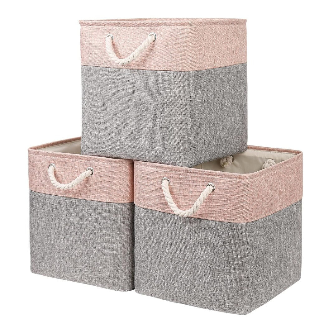 Foldable Fabric Cube Storage Boxes with Rope Handles- Grey Pink - Image 6