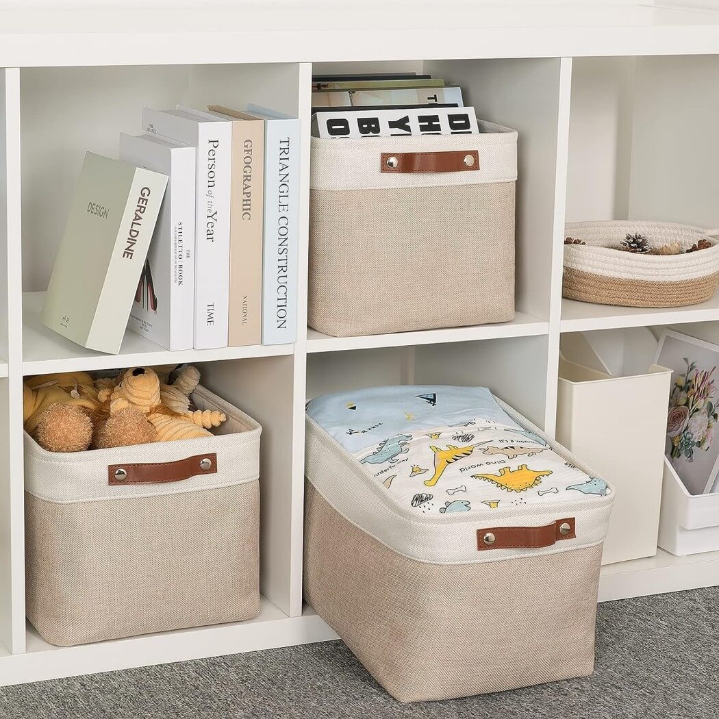 Set of 3 White Khaki Storage Boxes With Leather Handles For Cupboards - Image 11