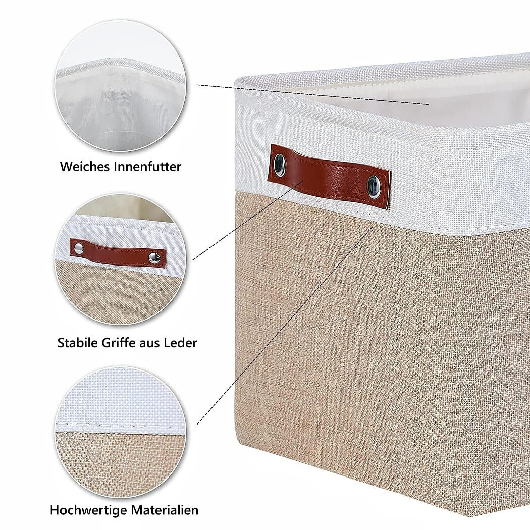 Set of 3 White Khaki Storage Boxes With Leather Handles For Cupboards - Image 12