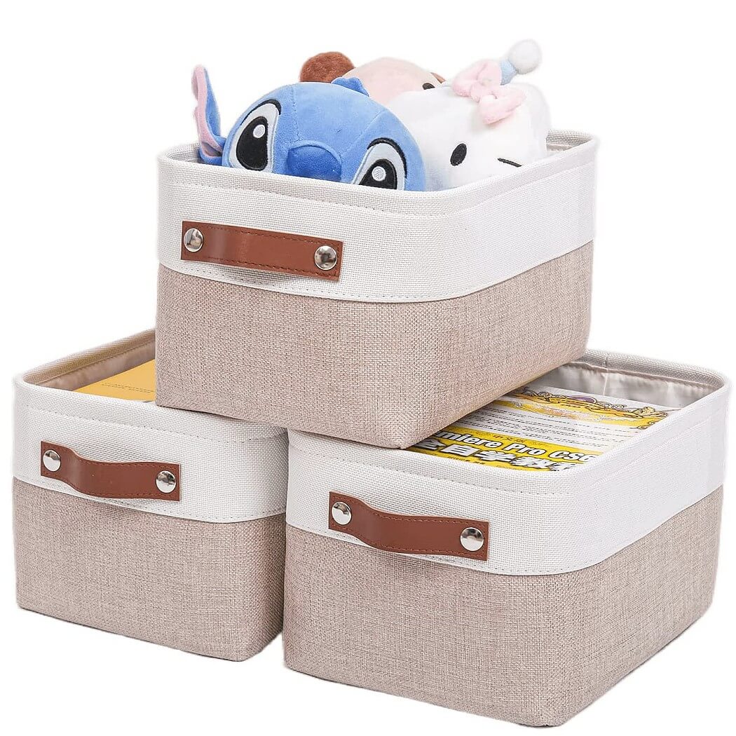Set of 3 White Khaki Storage Boxes With Leather Handles For Cupboards - Image 14