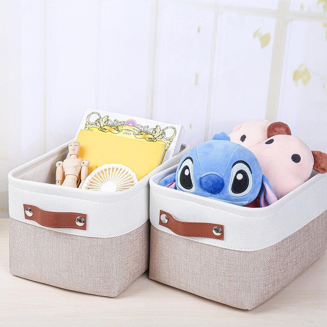 Set of 3 White Khaki Storage Boxes With Leather Handles For Cupboards - Image 15