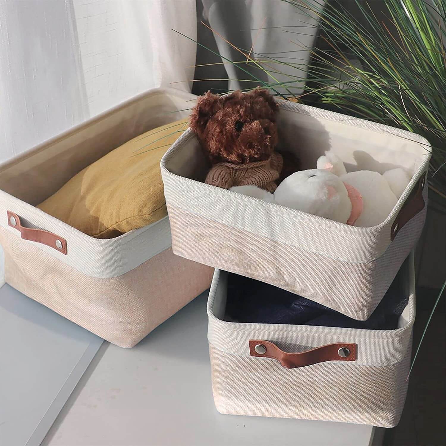 Set of 3 White Khaki Storage Boxes With Leather Handles For Cupboards - Image 18