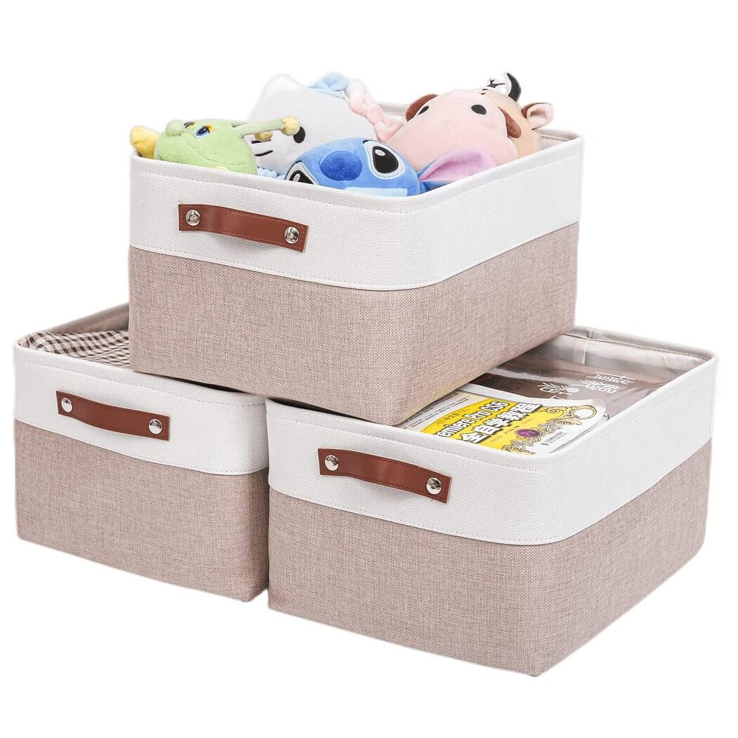 Set of 3 White Khaki Storage Boxes With Leather Handles For Cupboards - Image 20
